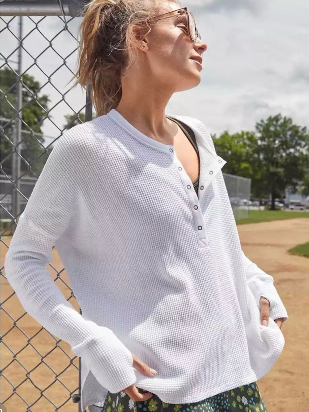 aerie White Waffle Henley Sweatshirt